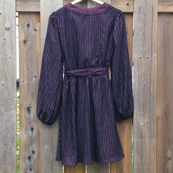 PURPLE Shimmer Modcloth Belted Party Dress Woman's Medium Long Sleeve - Picture 2 of 5